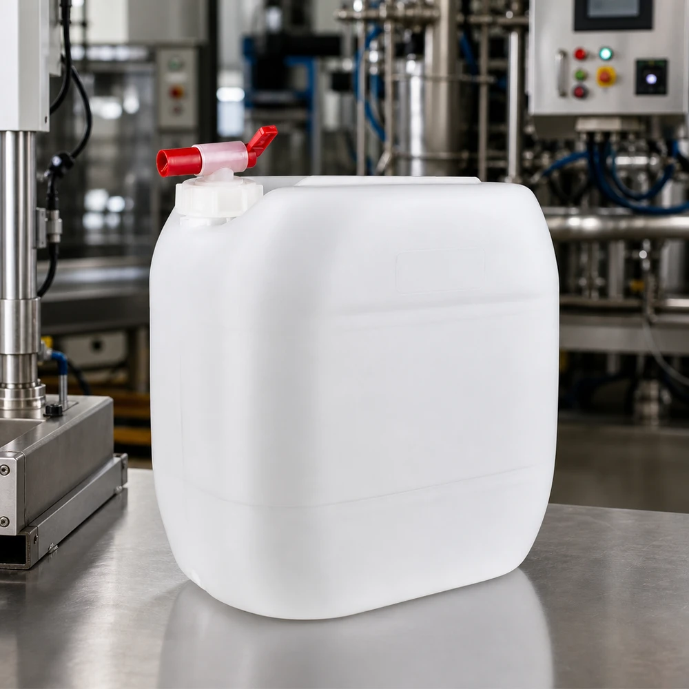 Grand bidon en plastique blanc de 30 litres, muni d'un robinet d'arrêt rouge sur une surface en acier inoxydable