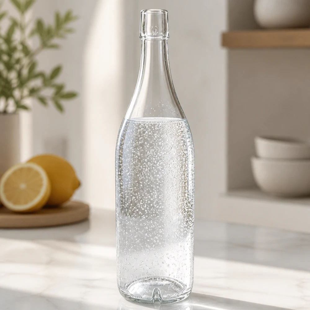 Bouteille en verre 1000ml UNiTWIST remplie d'eau pétillante Comptoir de cuisine Citrons aménagement de cuisine moderne clair