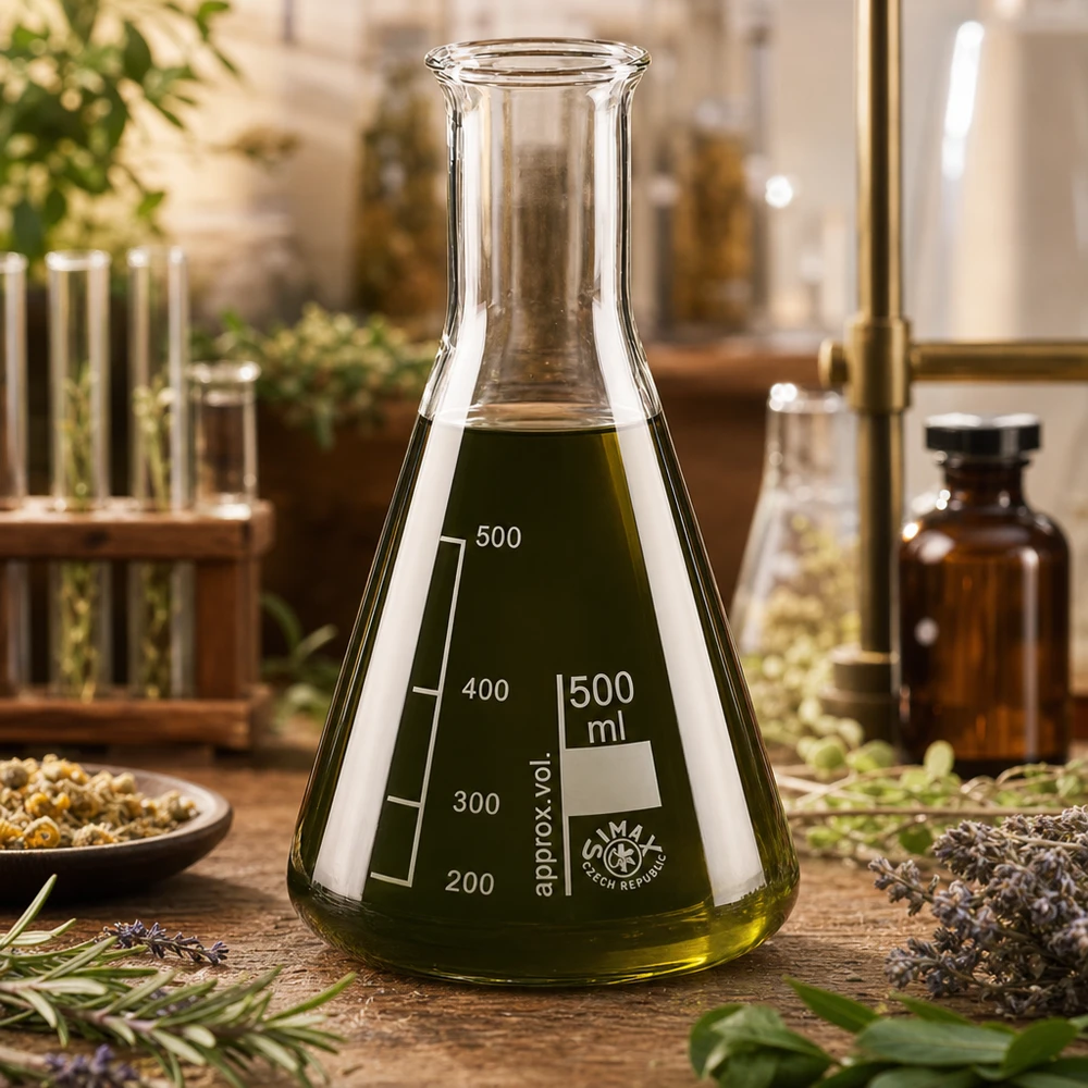 Erlenmeyer 500ml col large, verre borosilicate Erlenmeyer 500ml en verre de laboratoire résistant à la chaleur avec contenu vert olive sur table en bois