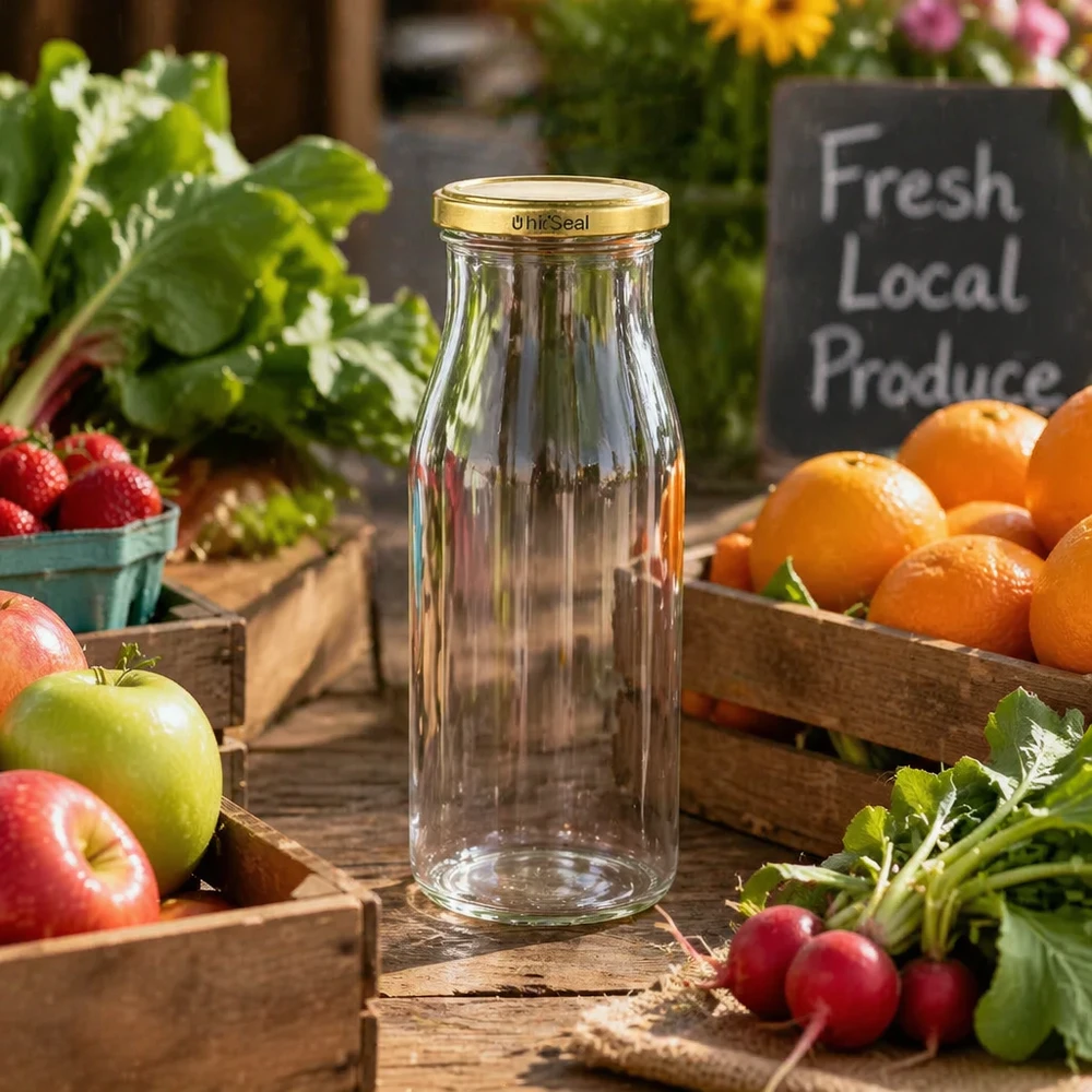 150ml Bouteille avec couvercle BioSeal or UNiTWIST UNiTWIST Bouteille en verre 150ml avec couvercle TO43 BioSeal doré entre des fruits et légumes frais sur une table en bois