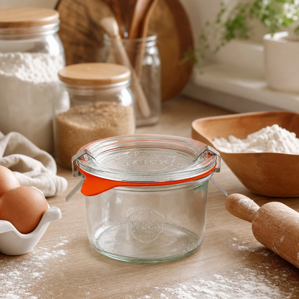 WECK Verre renversé 200ml RR80 dans scène de cuisine avec ingrédients farine oeufs et ustensiles en bois pour la pâtisserie et la cuisine