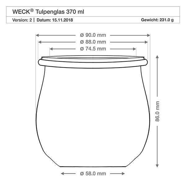 Dessin technique WECK Pot tulipe RR80 370ml avec dimensions et spécifications du produit, poids 231g