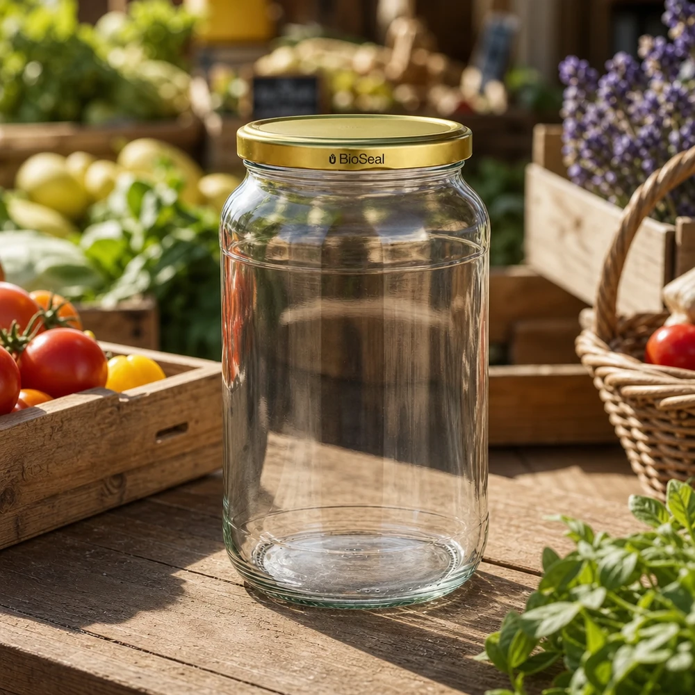 1062ml Verre rond avec couvercle BioSeal or UNiTWIST UNiTWIST Runda1062 Boîte en verre vide étal de marché légumes frais TO82 BioSeal couvercle doré ambiance marché fermier
