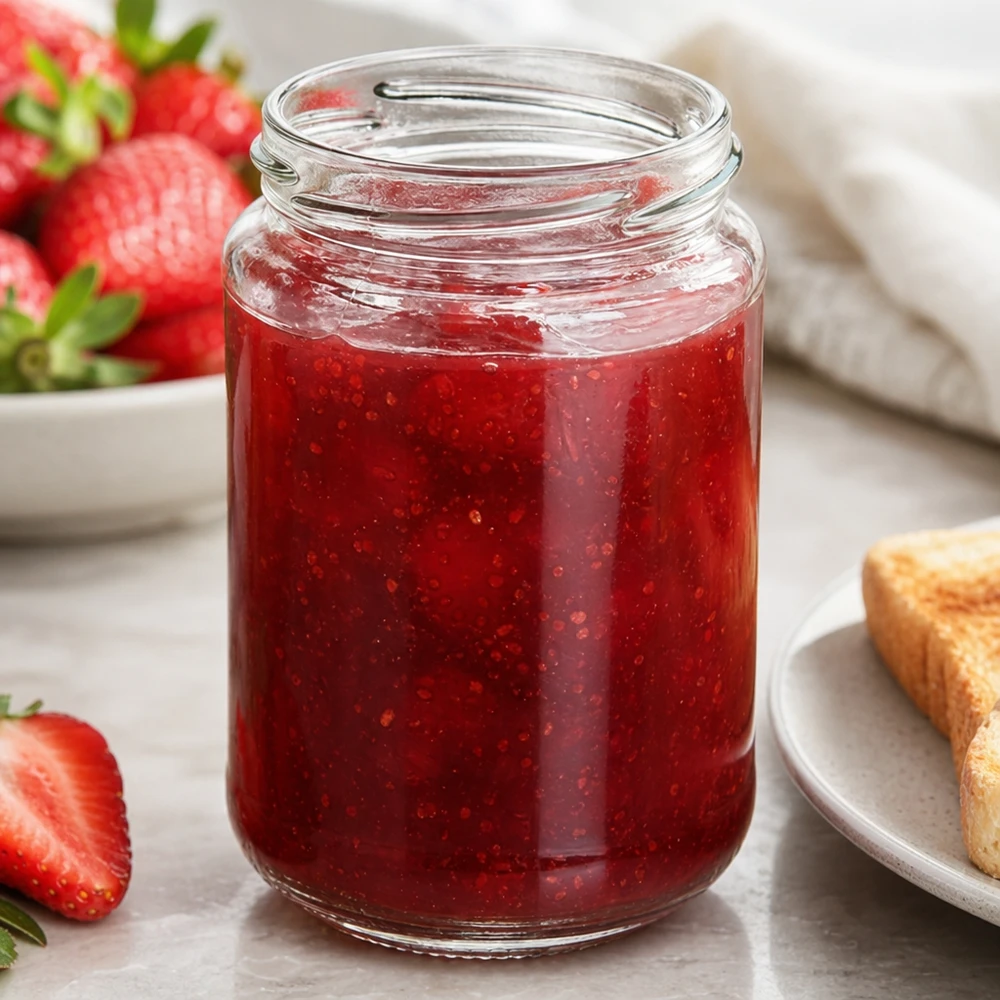 390ml Verre rond sans couvercle (TO70) UNiTWIST UNiTWIST Runda390 Verre rond 390ml TO70 rempli de confiture de fraises rouges à côté de fraises fraîches et de toast
