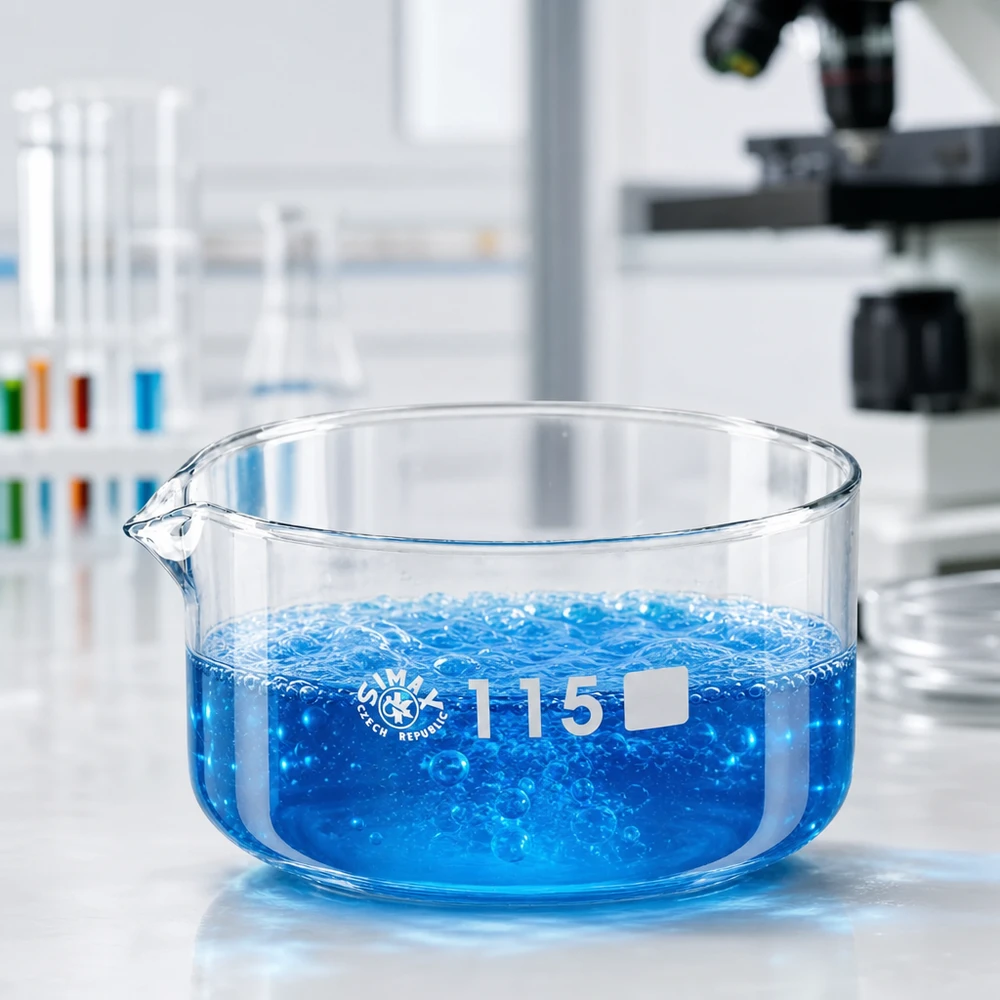 Cuve de cristallisation de 500 ml contenant un liquide bleu en ébullition, bec verseur de 115 mm de diamètre, SIMAX, République tchèque, laboratoire