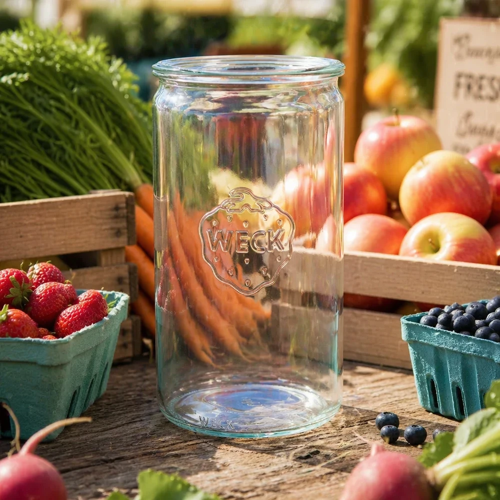 Bocal cylindrique en verre WECK RR100 de 1590 ml WECK RR100 Pot cylindrique 1590ml vide sur table en bois entouré de fruits frais Baies et légumes dans une atmosphère de marché