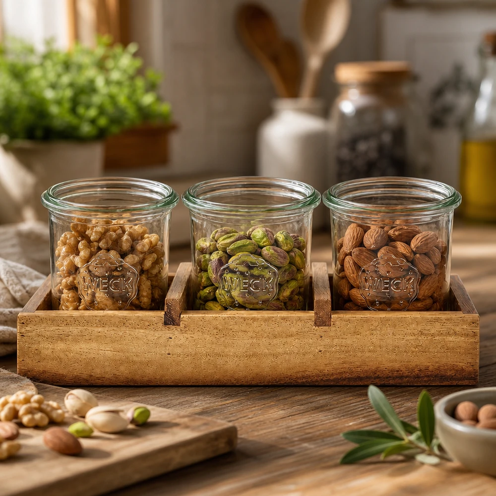 Plateau de présentation en bois daulne massif pour 3 bocaux Weck RR60 WECK Pots renversés avec noix Noix Pistaches Amandes en bois d'acacia Planche de service Box3 Conservation de cuisine Pots à provisions