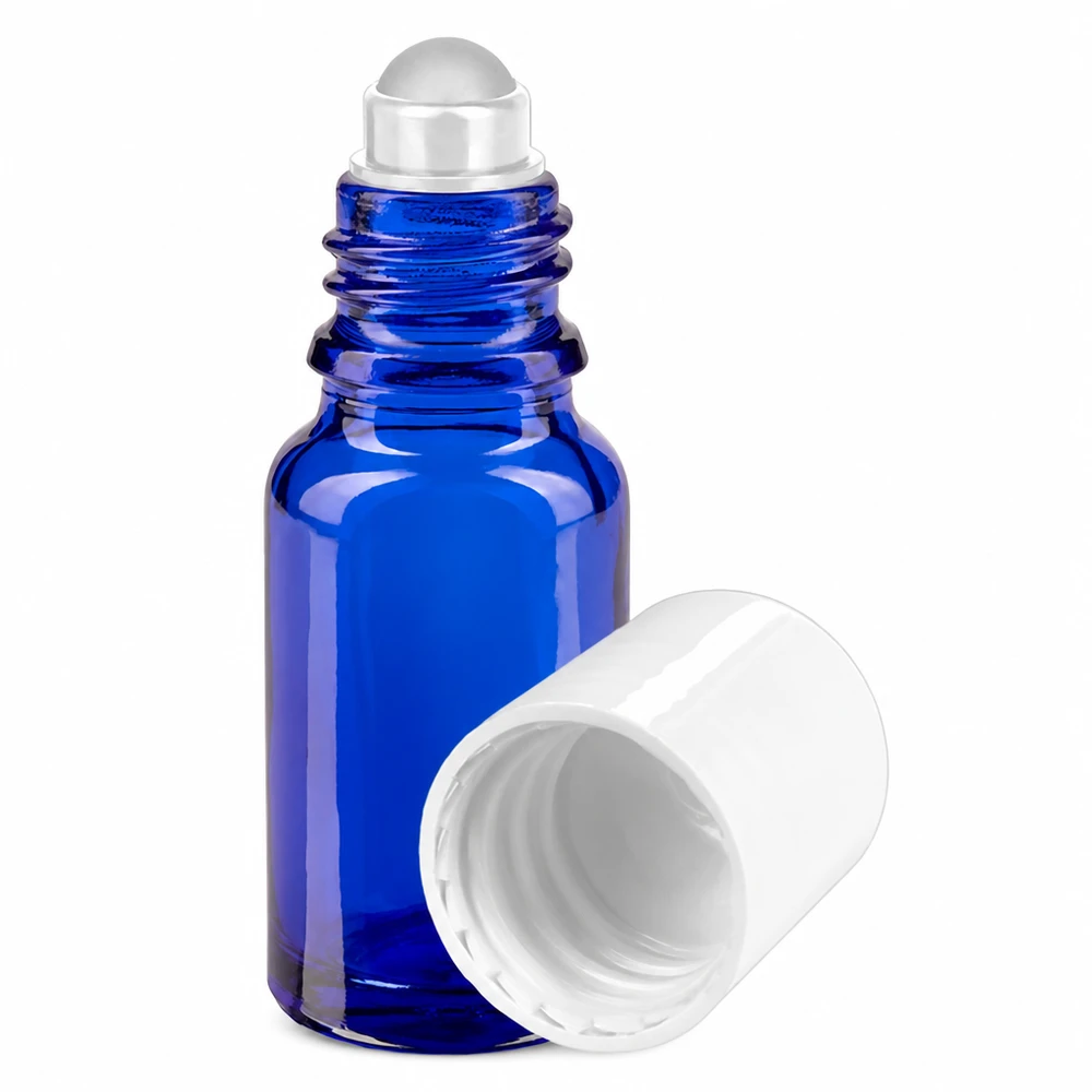 Flacon roll-on bleu de 10 ml en verre de pharmacie, muni d'un bouchon blanc et d'un applicateur à bille