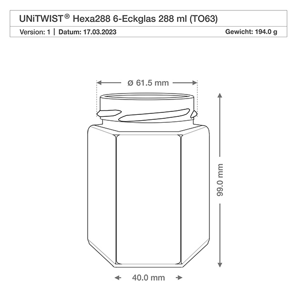 UNiTWIST Hexa288 Verre hexagonal 288ml TO63 Dessin technique avec dimensions Diamètre 61,5mm Hauteur 99mm Poids 194g