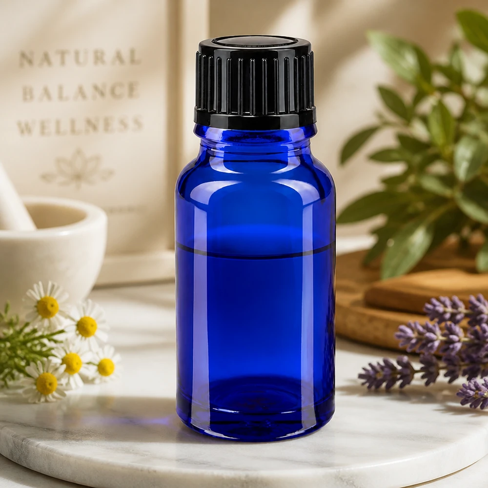Flacon de pharmacie bleu de 10 ml, protégé de la lumière, avec bouchon noir de 11 mm, pour cosmétiques naturels