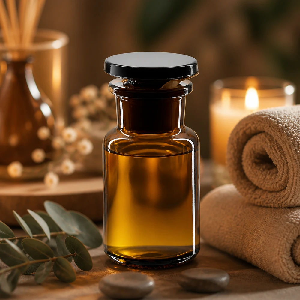 Flacon pharmaceutique 50 ml col large + bouchon verre ambré Flacon d'apothicaire à col large de couleur ambre, 50 ml, avec bouchon noir, dans une ambiance spa