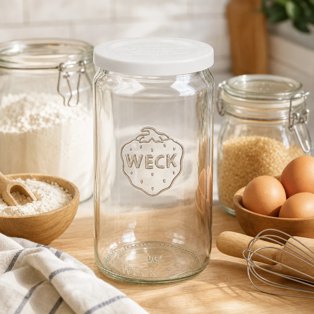 340ml bocal cylindrique avec couvercle fraîcheur WECK RR60 WECK 340ml pot cylindrique vide avec couvercle blanc RR60 dans la boulangerie avec des oeufs de la farine et des ustensiles de cuisine en bois