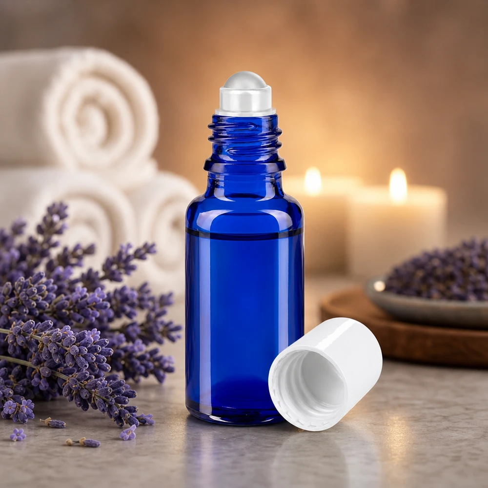 Flacon en verre d'apothicaire bleu de 20 ml muni d'une bille roulante en acier inoxydable, à côté de fleurs de lavande et de bougies
