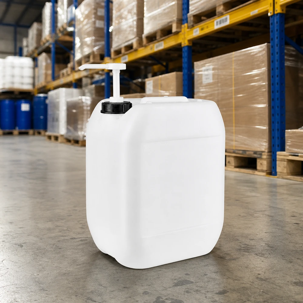 Bidon robuste de 10 litres muni d'une pompe doseuse, posé sur le sol en béton d'un entrepôt professionnel