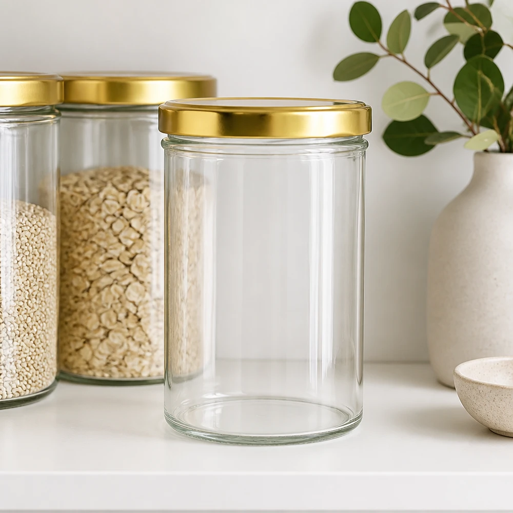 Pot vide de 435 ml UNiTWIST avec couvercle doré BasicSeal à côté de bocaux à provisions remplis dans une cuisine moderne