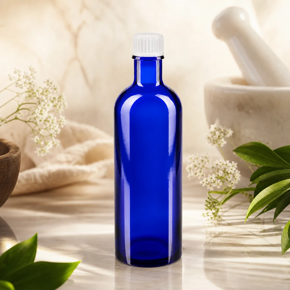 Flacon de pharmacie bleu de 200 ml avec bouchon à vis blanc, entre des herbes médicinales et un mortier