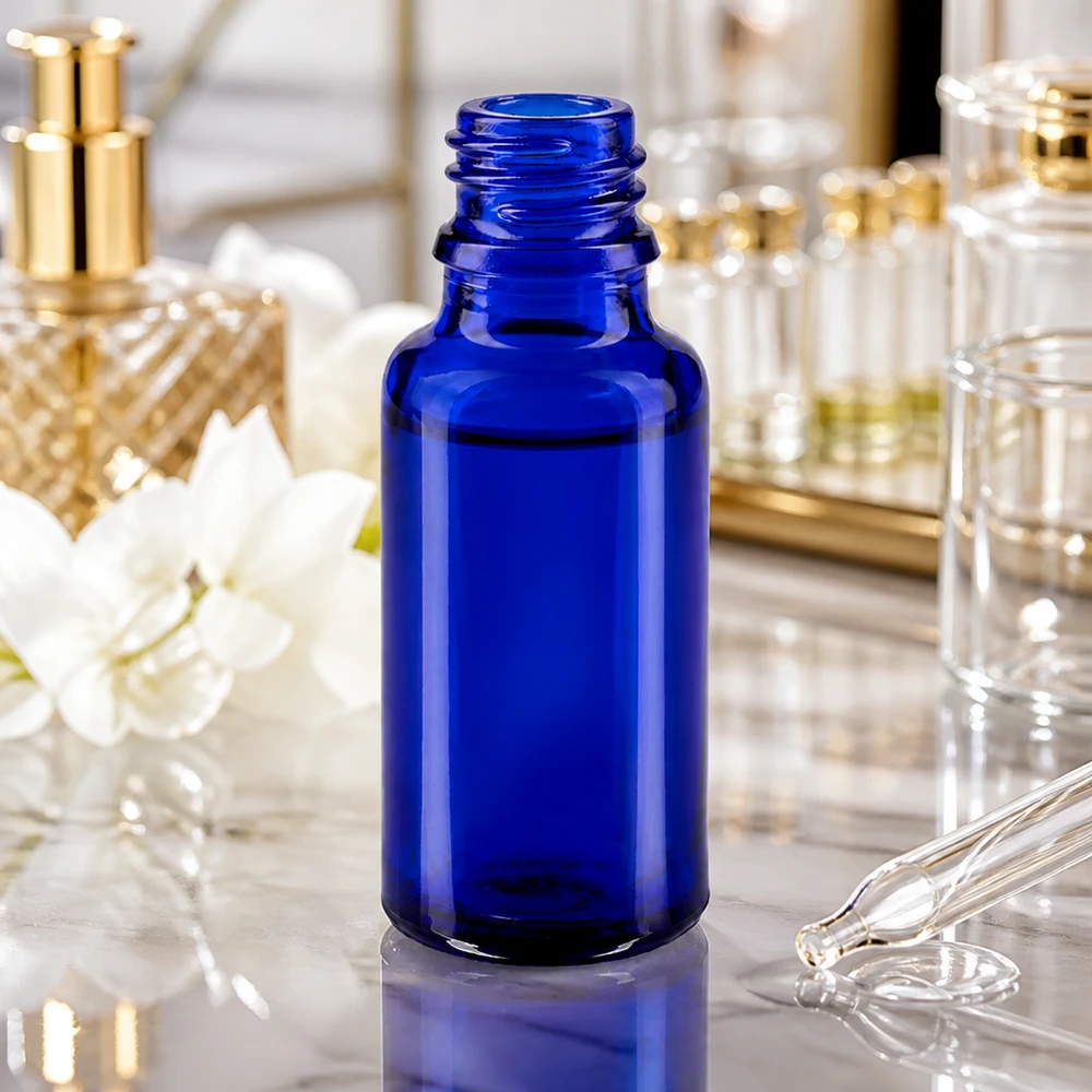 Bouteille bleue polyvalente de 20 ml ApoGlas pour les cosmétiques DIY et les produits naturels faits maison