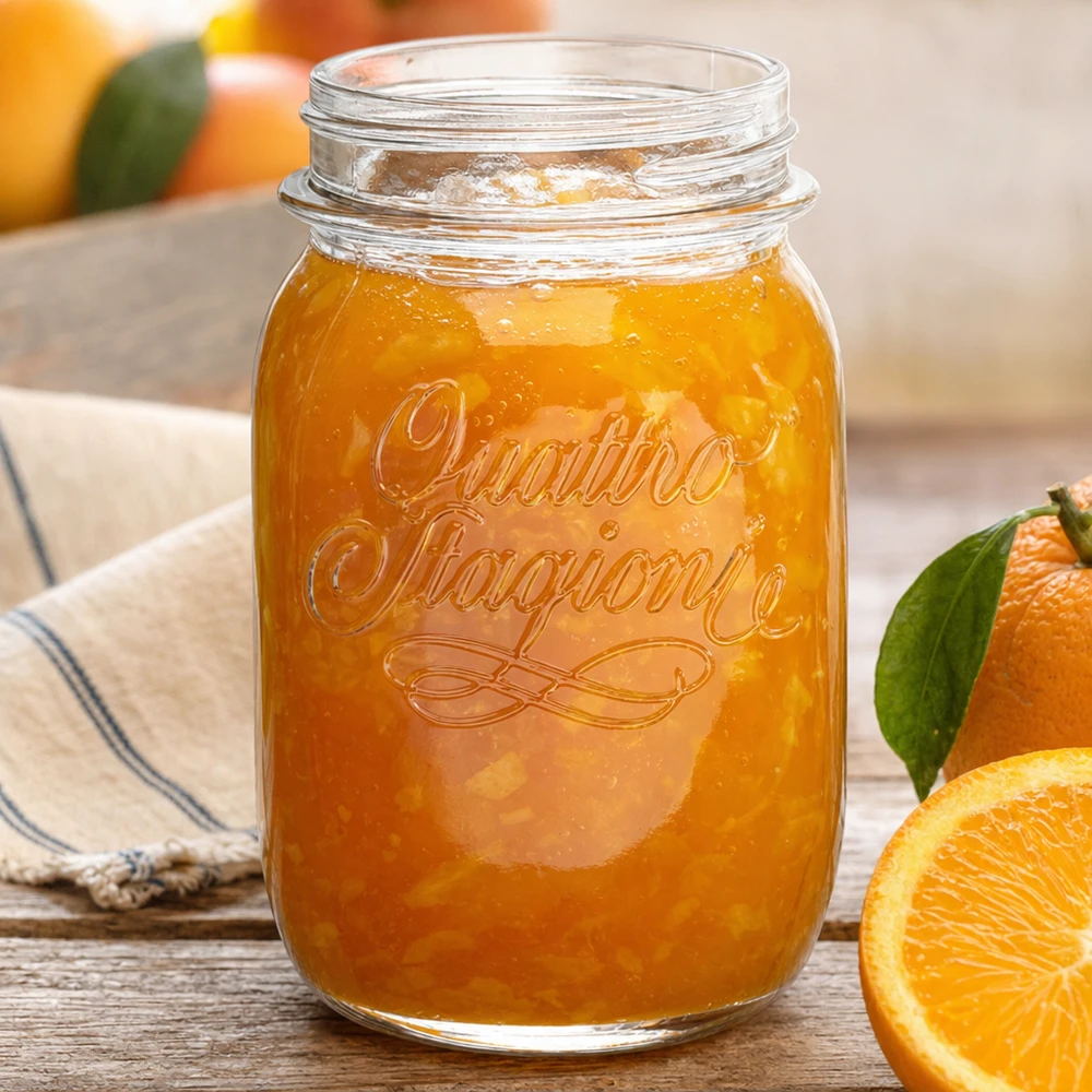 500ml Quattro Stagioni Pot ménager rempli de marmelade d'orange à côté d'oranges fraîches sur une table en bois