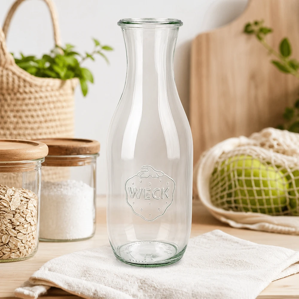 WECK Bouteille de jus de fruits 1062ml RR60 sur toile blanche dans une cuisine durable avec des bocaux à provisions et des légumes bio