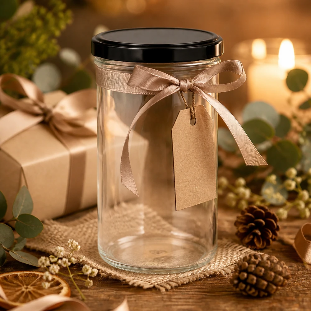 277ml verre renversé comme emballage cadeau avec ruban brun et pendentif décoration de Noël verre cadeau vide