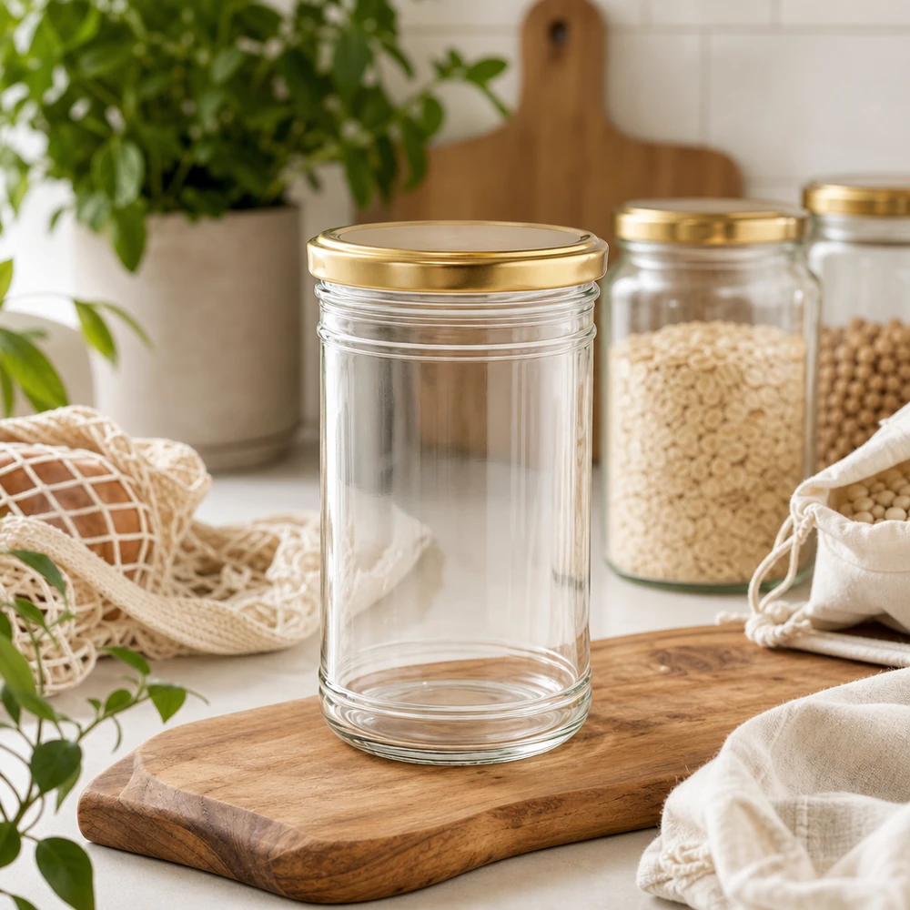 Bocal vide de 1053ml avec couvercle doré sur planche en bois dans la cuisine durable Zero Waste avec bocaux à provisions
