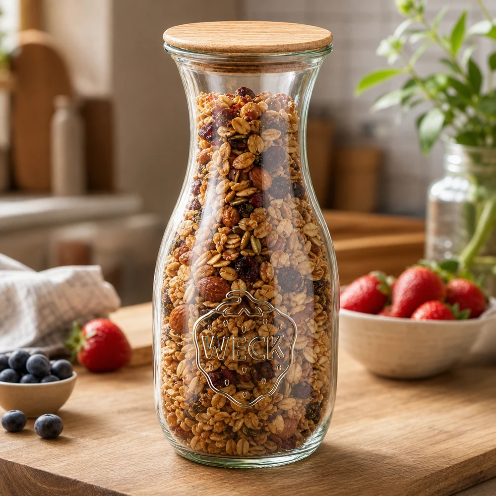 530ml Bouteille à jus de fruits WECK RR60 avec couvercle en bois WECK Bouteille de jus 530ml RR60 remplie de céréales et de noix comme bocal de réserve avec couvercle en bois sur planche en bois