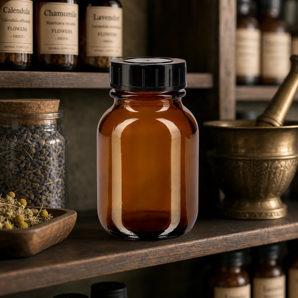 Bocal à col large en verre ambré 50 ml + couvercle à vis Bouteille en verre brun de 50 ml de haute qualité avec profil à col large pour les applications pharmaceutiques et cosmétiques