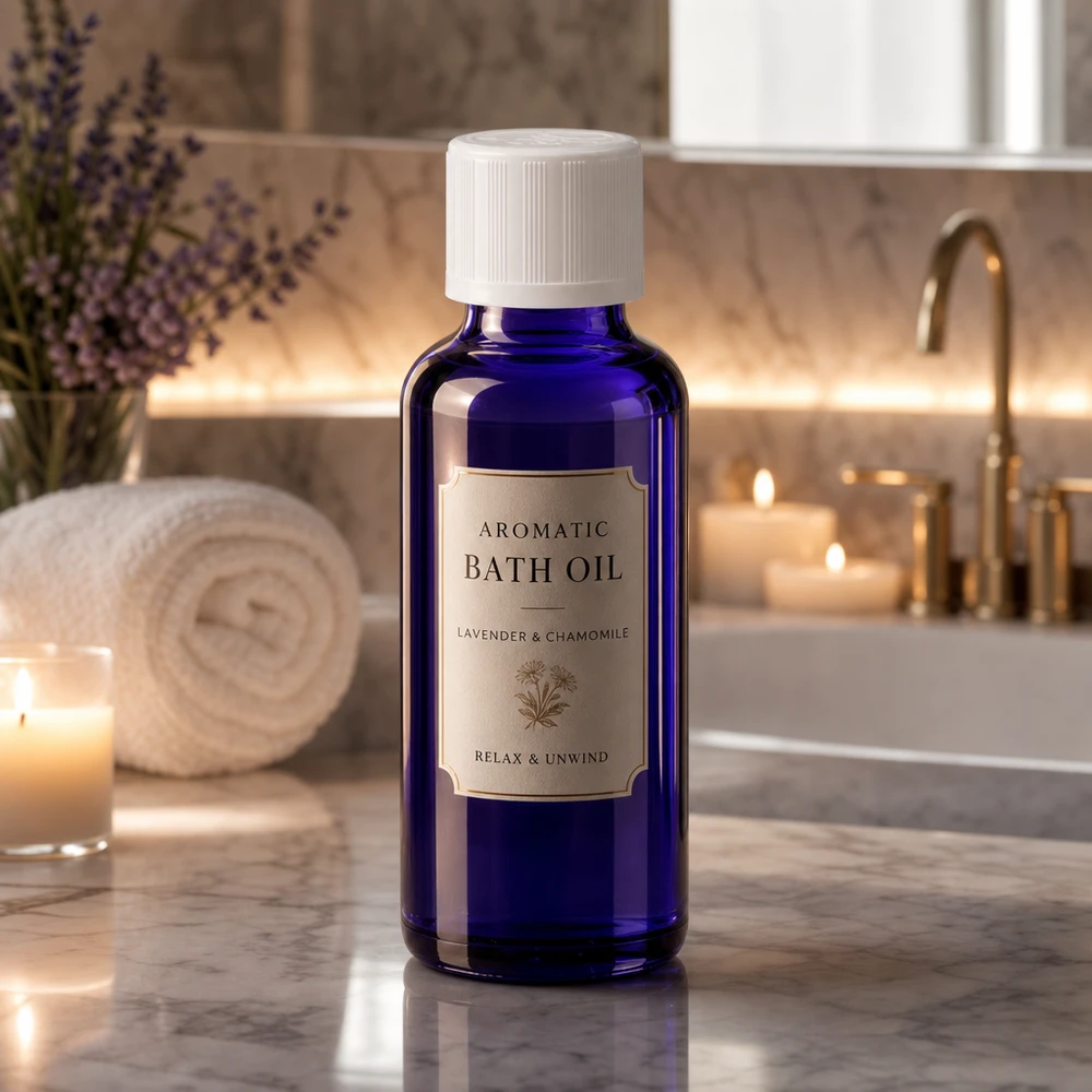 Flacon de pharmacie bleu de 30 ml pour huile de bain à la lavande et à la camomille, dans une ambiance de salle de bains