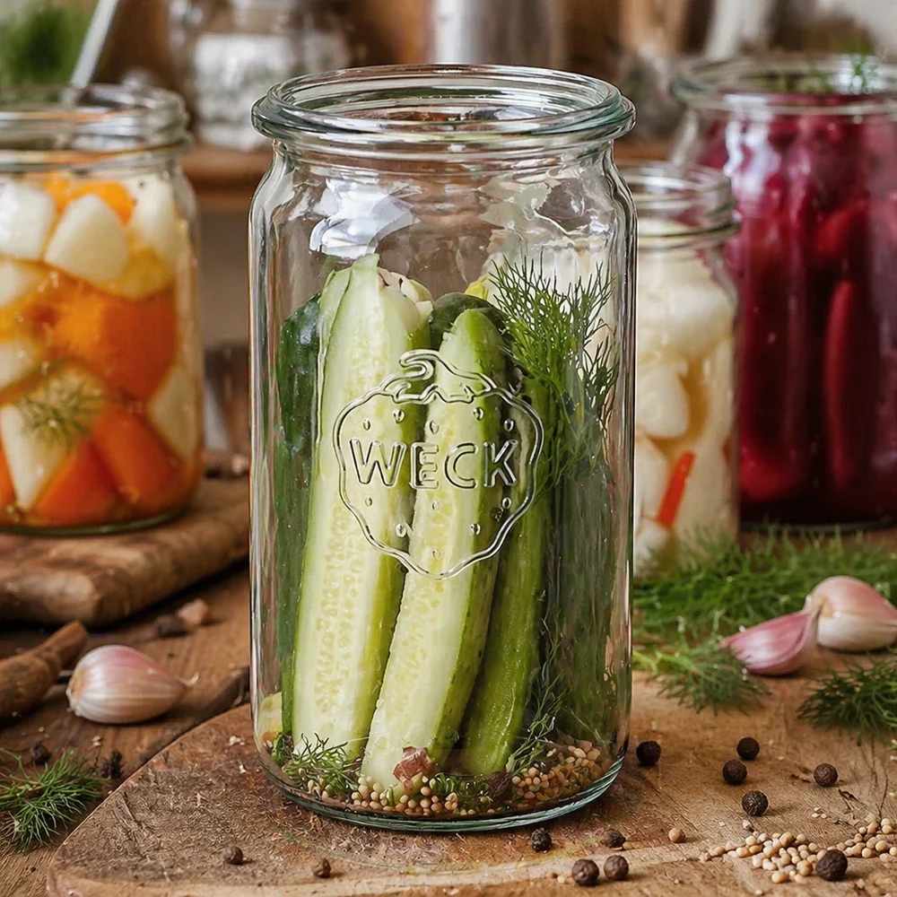 Bocal en verre cylindrique WECK RR60 de 340 ml WECK Pot cylindrique 340ml RR60 avec cornichons marinés et aneth montre une utilisation polyvalente pour la marinade de légumes