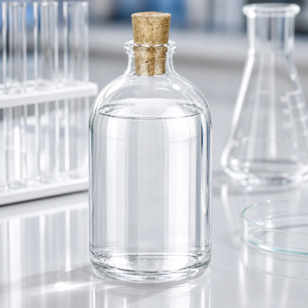 Miniaturflasche Klarglas 100ml mit konischem Korken auf Labortisch
