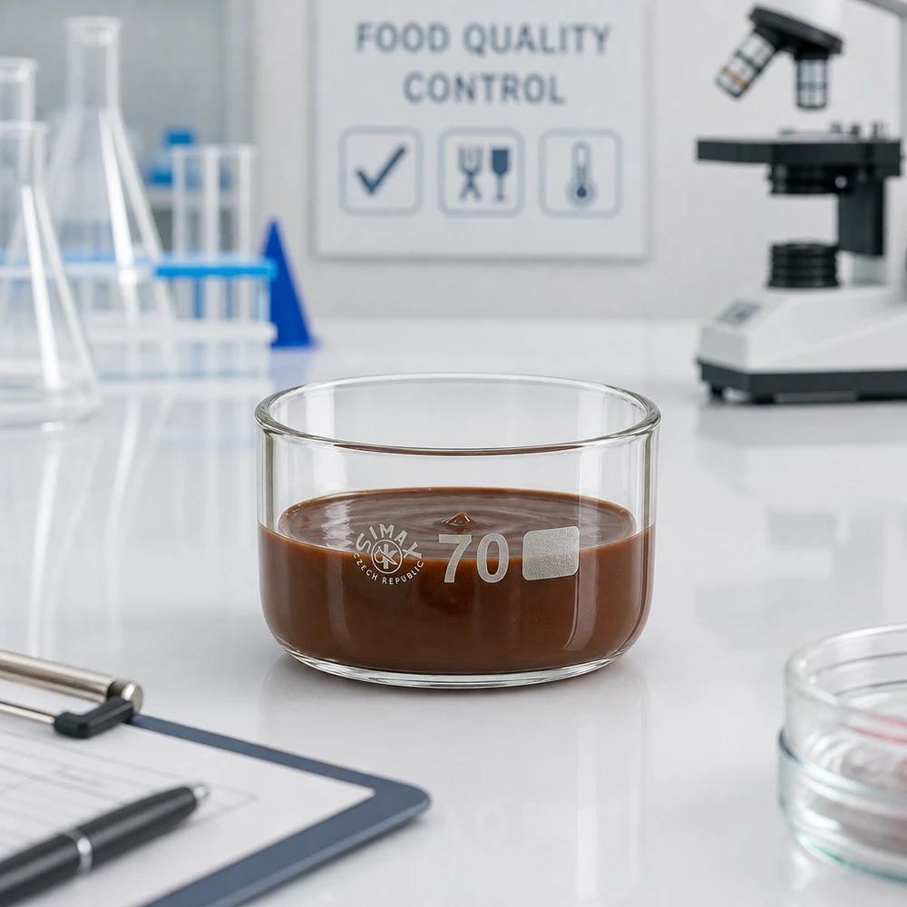 Coupelle de cristallisation 100 ml sans bec verseur Cuve de cristallisation de 100 ml contenant une pâte de chocolat, utilisée pour le contrôle de la qualité des denrées alimentaires en laboratoire