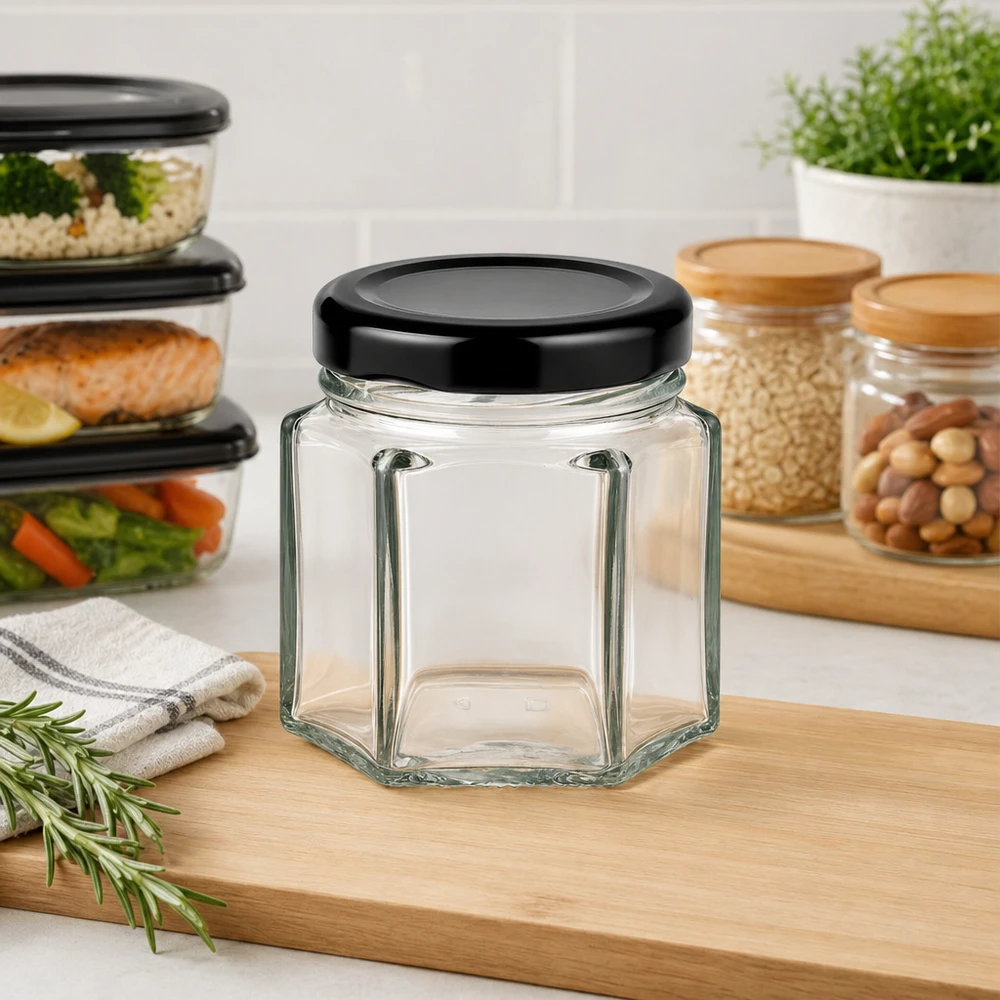 Bocal hexagonal de 47 ml vide avec couvercle BasicSeal noir dans la cuisine moderne à côté des bocaux de stockage et des boîtes de préparation des repas (meal prep boxes)