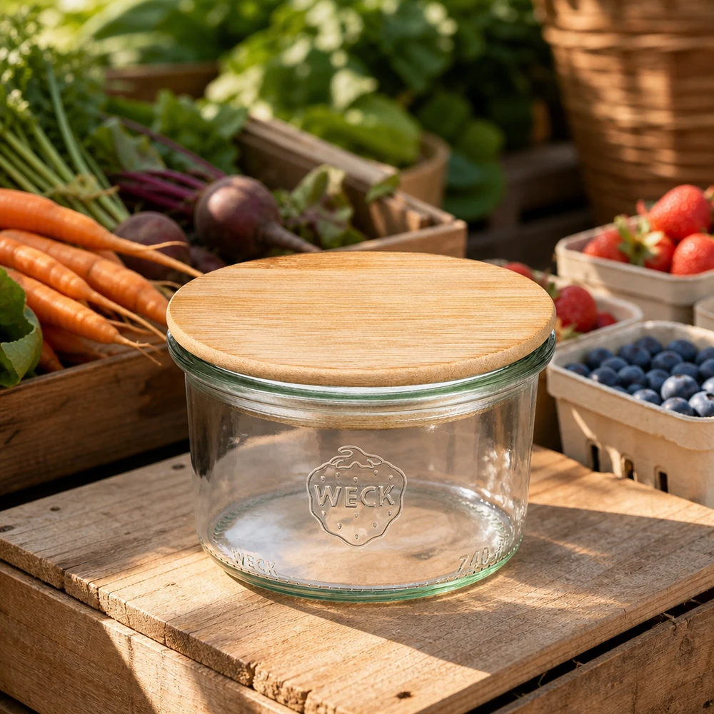 200ml bocal conique WECK RR80 avec couvercle en bois 200ml WECK Pot renversé RR80 avec couvercle en bois dans une scène de marché rustique entourée de légumes et de fruits frais