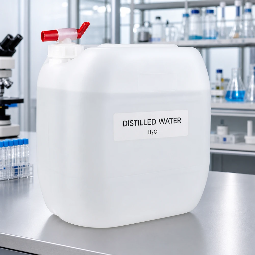 Jerrican de 30 litres avec robinet Bidon de 30 litres muni d'un robinet rouge et portant une étiquette « Eau distillée » dans un environnement de laboratoire