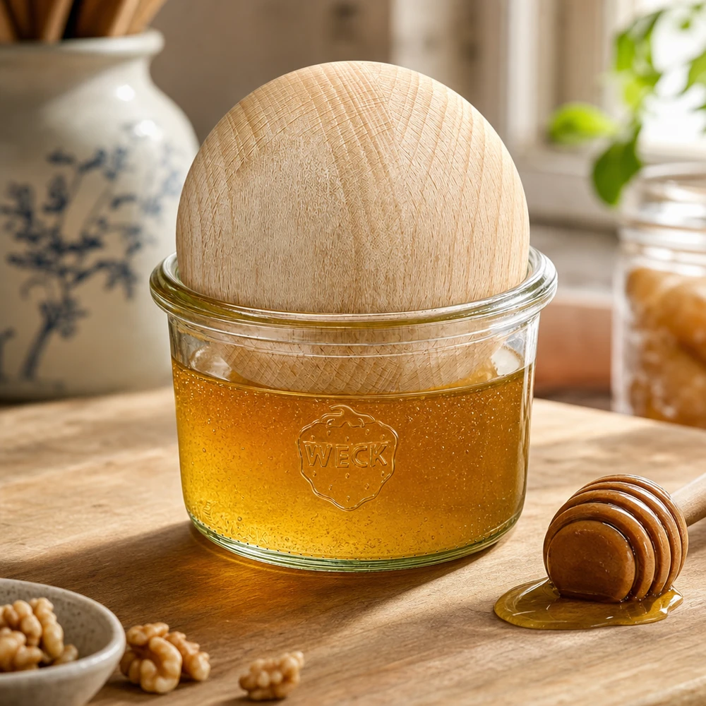 200ml bocal conique WECK RR80 avec boule en bois en hêtre WECK Verre renversé 200ml avec boule de hêtre remplie de miel, cuillère à miel et noix sur une table en bois dans une cuisine chaude