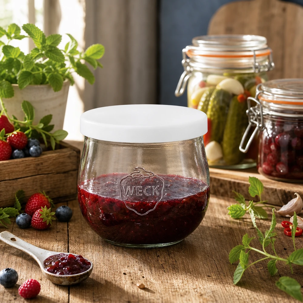 WECK Pot tulipe 370ml rempli de confiture de baies Couvercle en silicone blanc Conserver la confiture Pot à provisions Cuisine