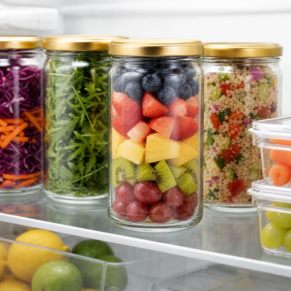 1053ml pot renversé avec couvercle doré rempli de fruits au réfrigérateur pour la préparation des repas et la conservation des aliments