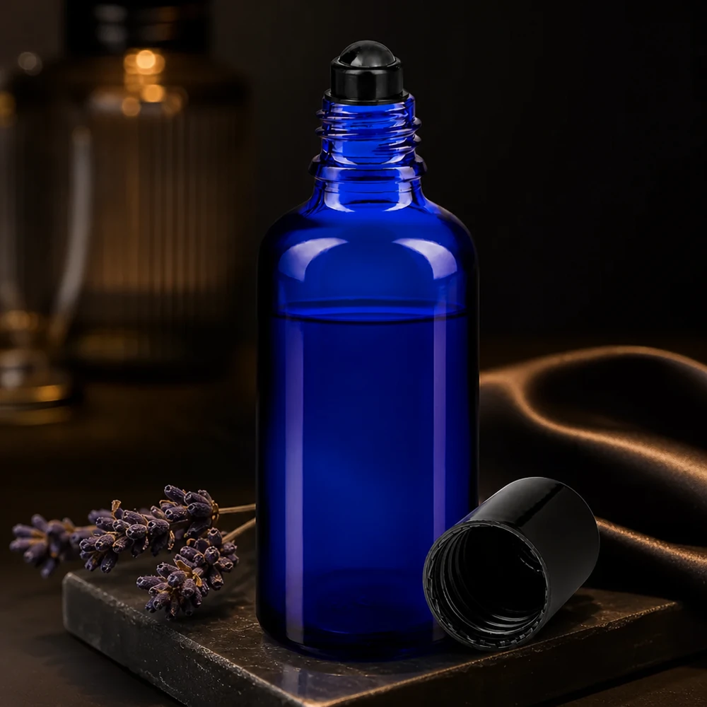 Flacon roll-on de 50 ml, bleu cobalt, en verre anti-UV, avec un applicateur à bille noir et une décoration sur le thème de la lavande