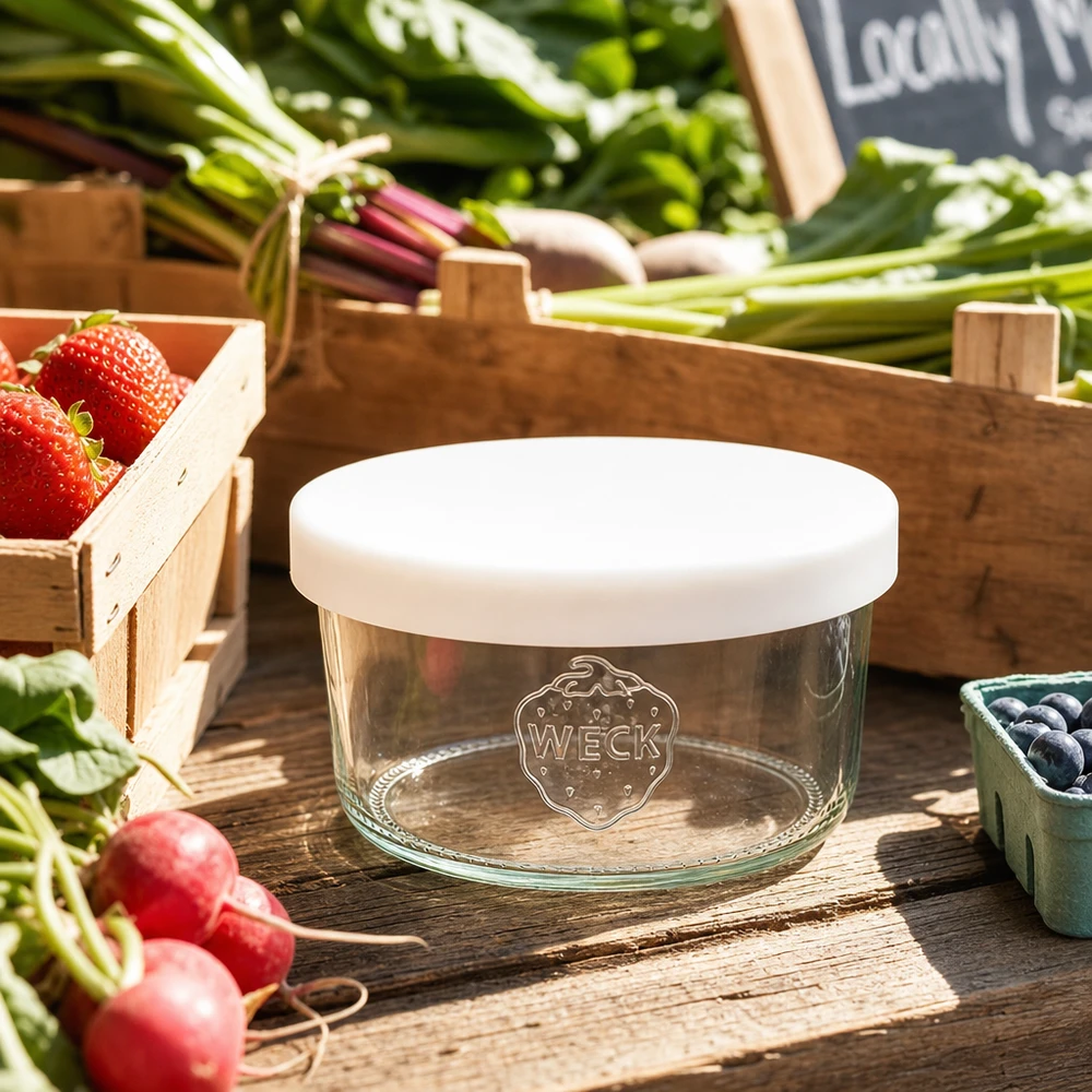 WECK Verre renversé 165ml RR80 transparent avec couvercle en silicone blanc sur table en bois parmi les légumes et fruits frais du marché