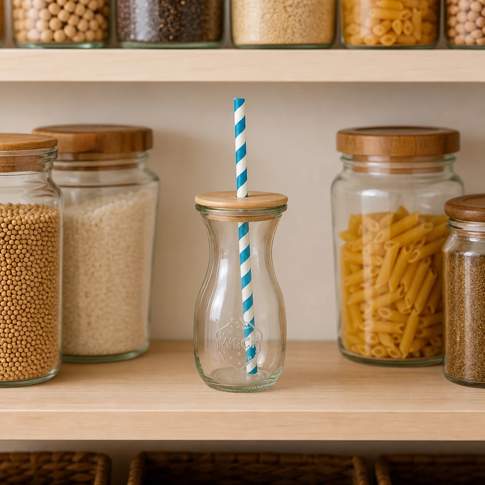 Bocal conique WECK 290 ml (1/5 L) avec couvercle WECK Bouteille en verre 290ml avec couvercle en bois turquoise-blanc paille écologique dans cuisine organisée avec bocaux