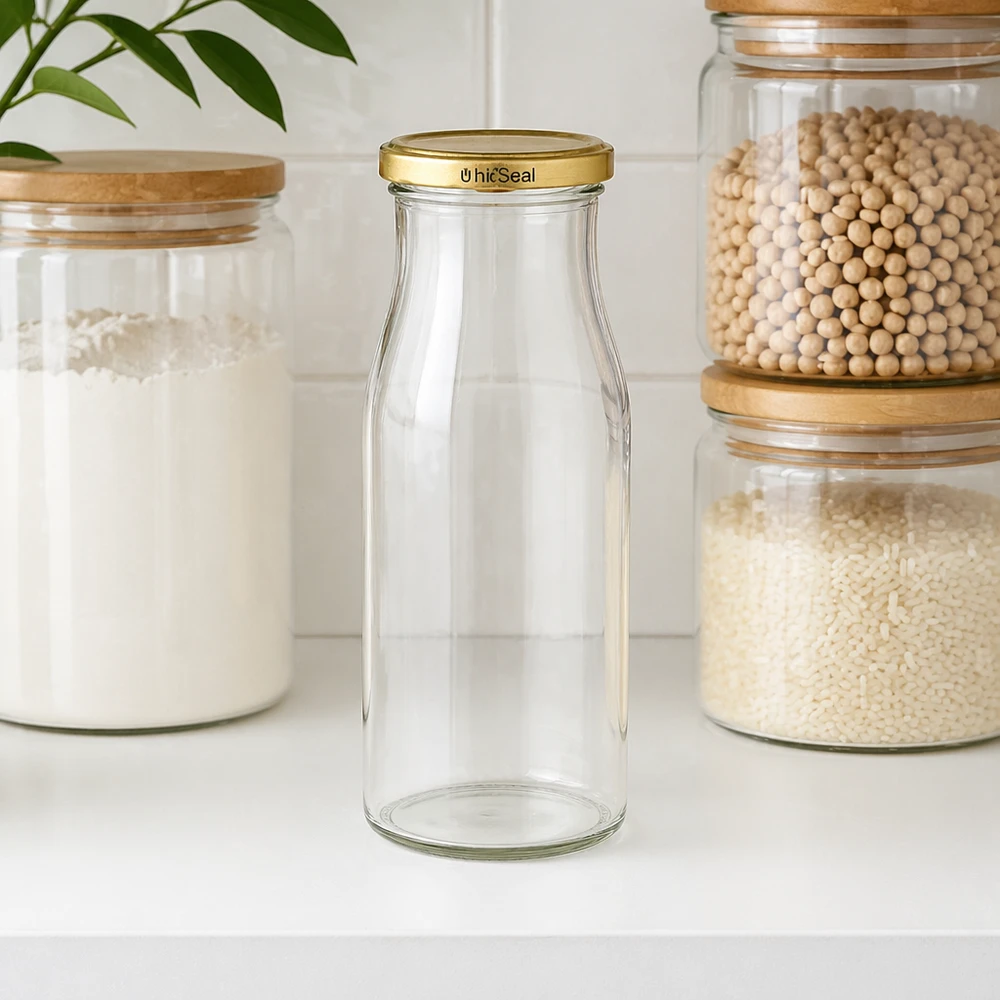 150ml Bouteille avec couvercle BioSeal or UNiTWIST Bouteille en verre vide UNiTWIST 150ml avec bouchon BioSeal doré dans la cuisine entre les bocaux de stockage avec des aliments