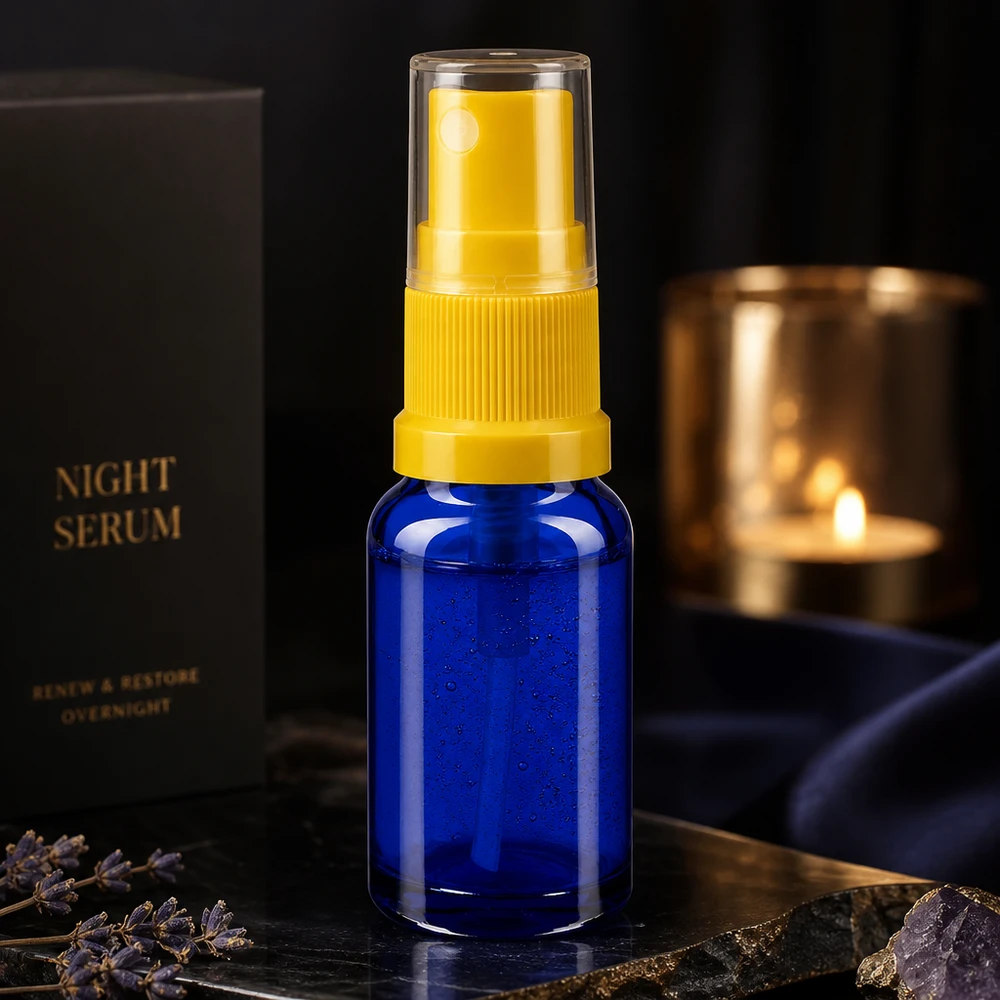 Flacon vaporisateur bleu de 10 ml en verre de pharmacie, muni d'une tête de vaporisation jaune et d'un bouchon transparent