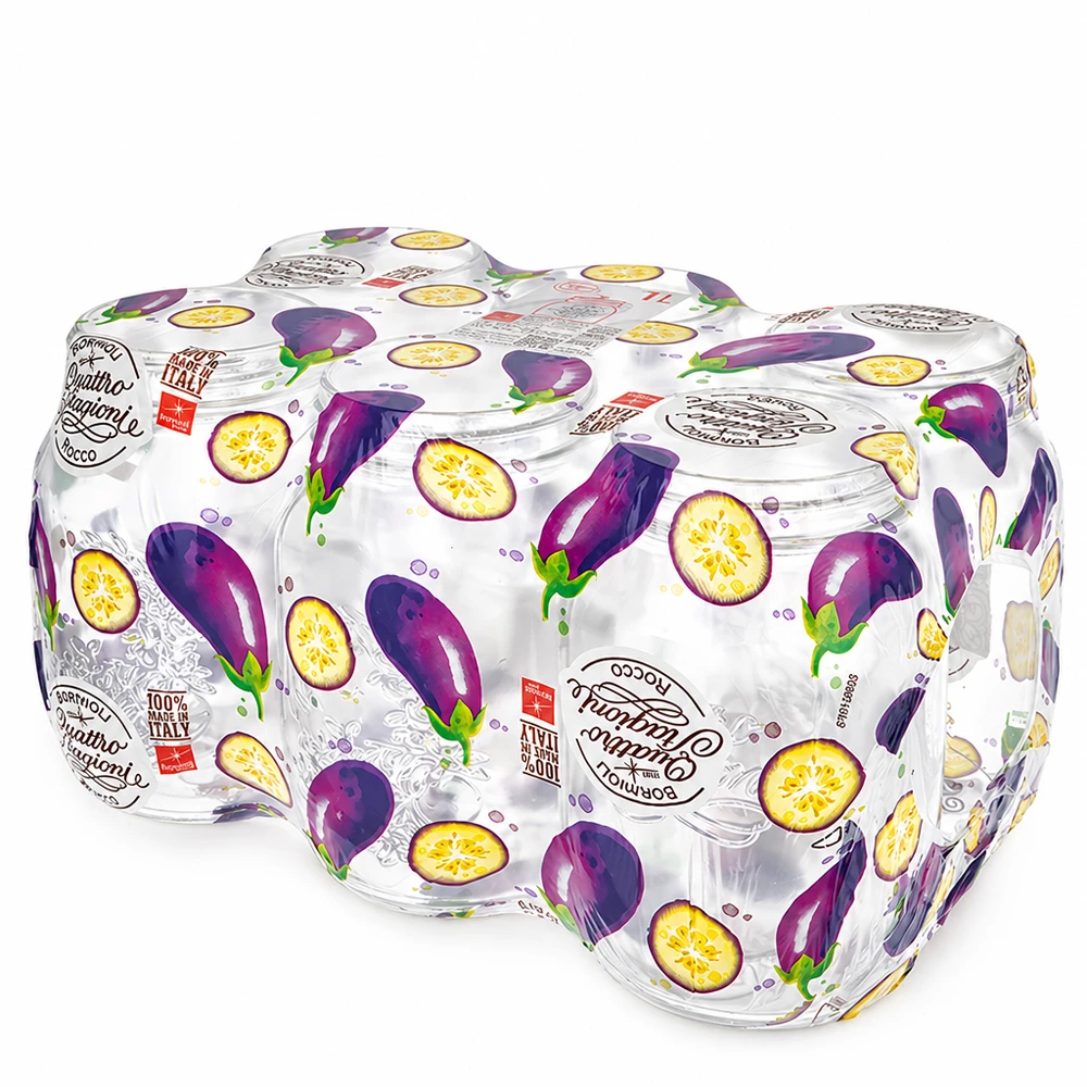 Pots en verre Quattro Stagioni 1000ml avec décor d'aubergines en paquet pratique de quatre pour la mise en conserve et la conservation