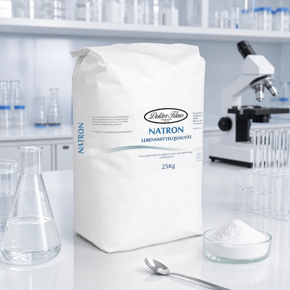 Sac en papier blanc de 25 kg de bicarbonate de soude en poudre dans un environnement de laboratoire pour des applications chimiques professionnelles