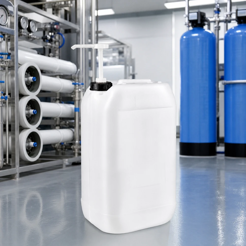 Bidon de 15 litres équipé d'une pompe doseuse dans une station de traitement de l'eau, à côté des membranes d'osmose inverse