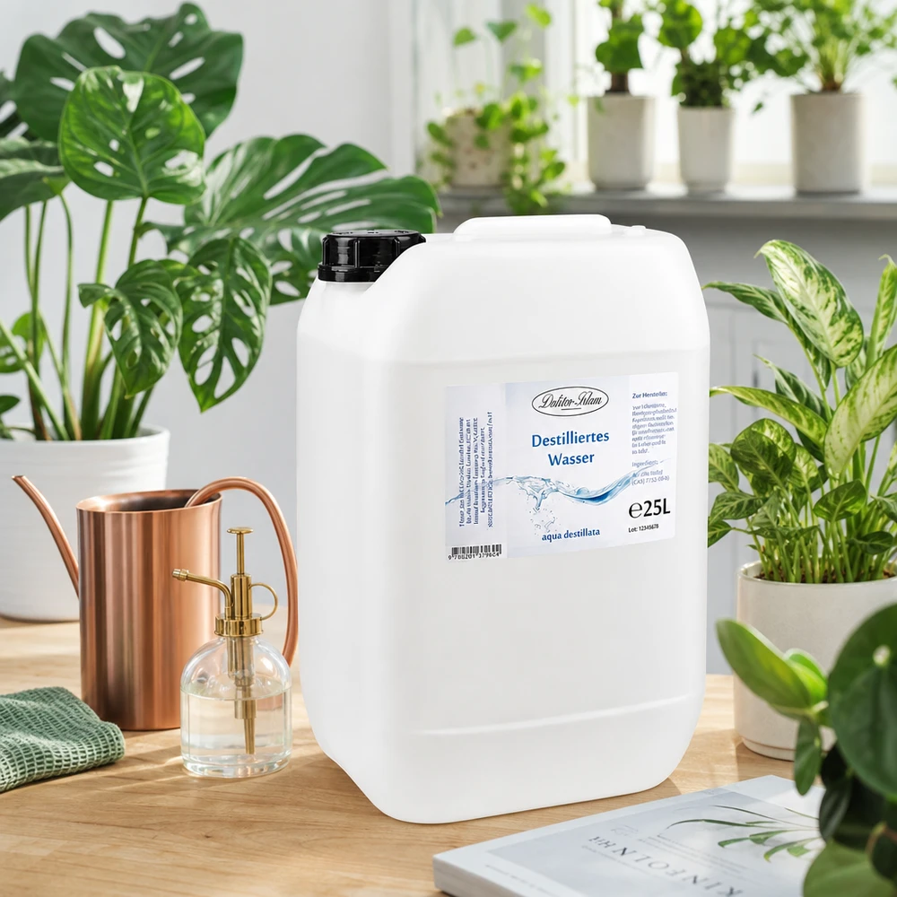 Eau distillée Doktor Klaus - Aqua dest 25 litres en jerrican premium teinte naturelle Destilliertes Wasser 25L Doktor-Klaus in umweltfreundlichem recycelbarem Kunststoffkanister