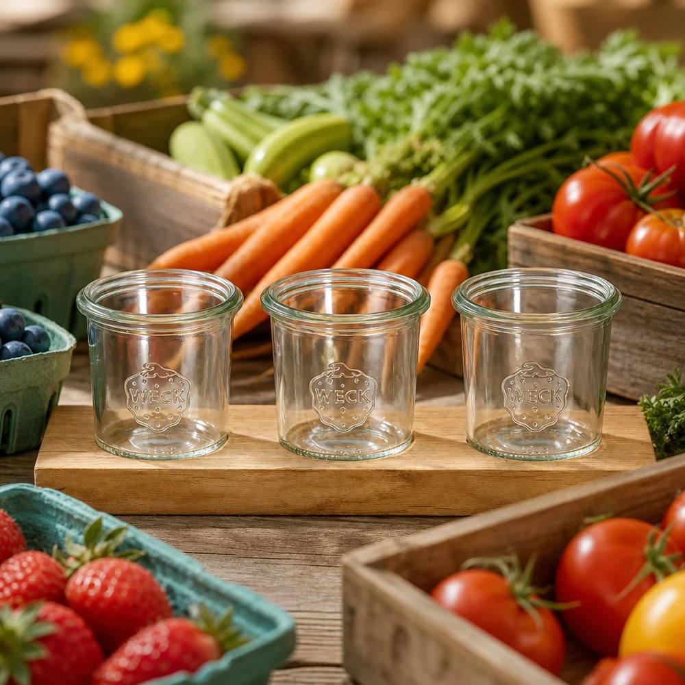 Plateau de service Plano3 avec 3 bocaux Weck de 140 ml WECK Verres renversés 140ml sur planche de service Plano3 entre légumes frais du marché tomates carottes et baies décorées