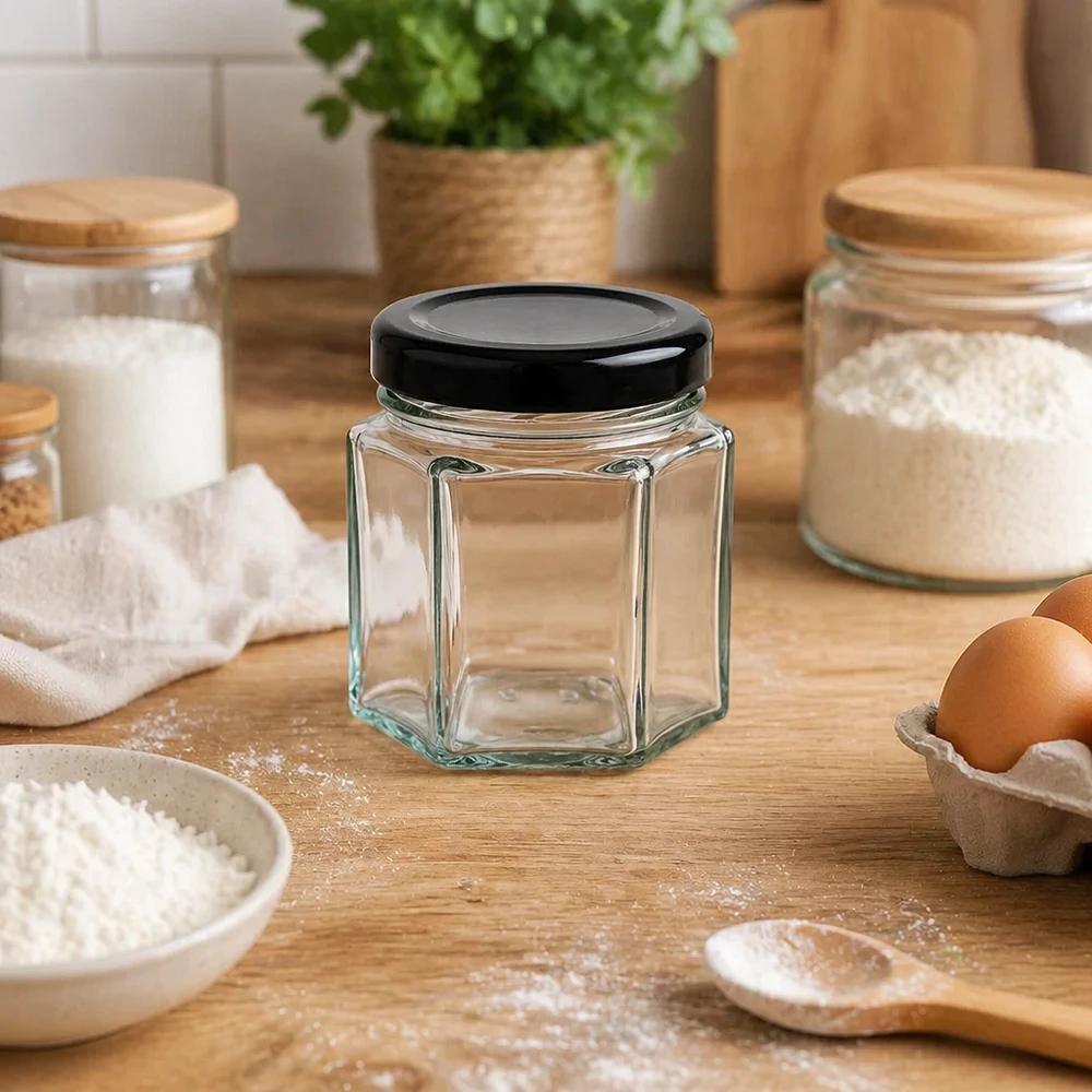 Bocal hexagonal de 47 ml avec couvercle noir dans la boulangerie entre la farine, les œufs et les bocaux à provisions sur le plan de travail en bois