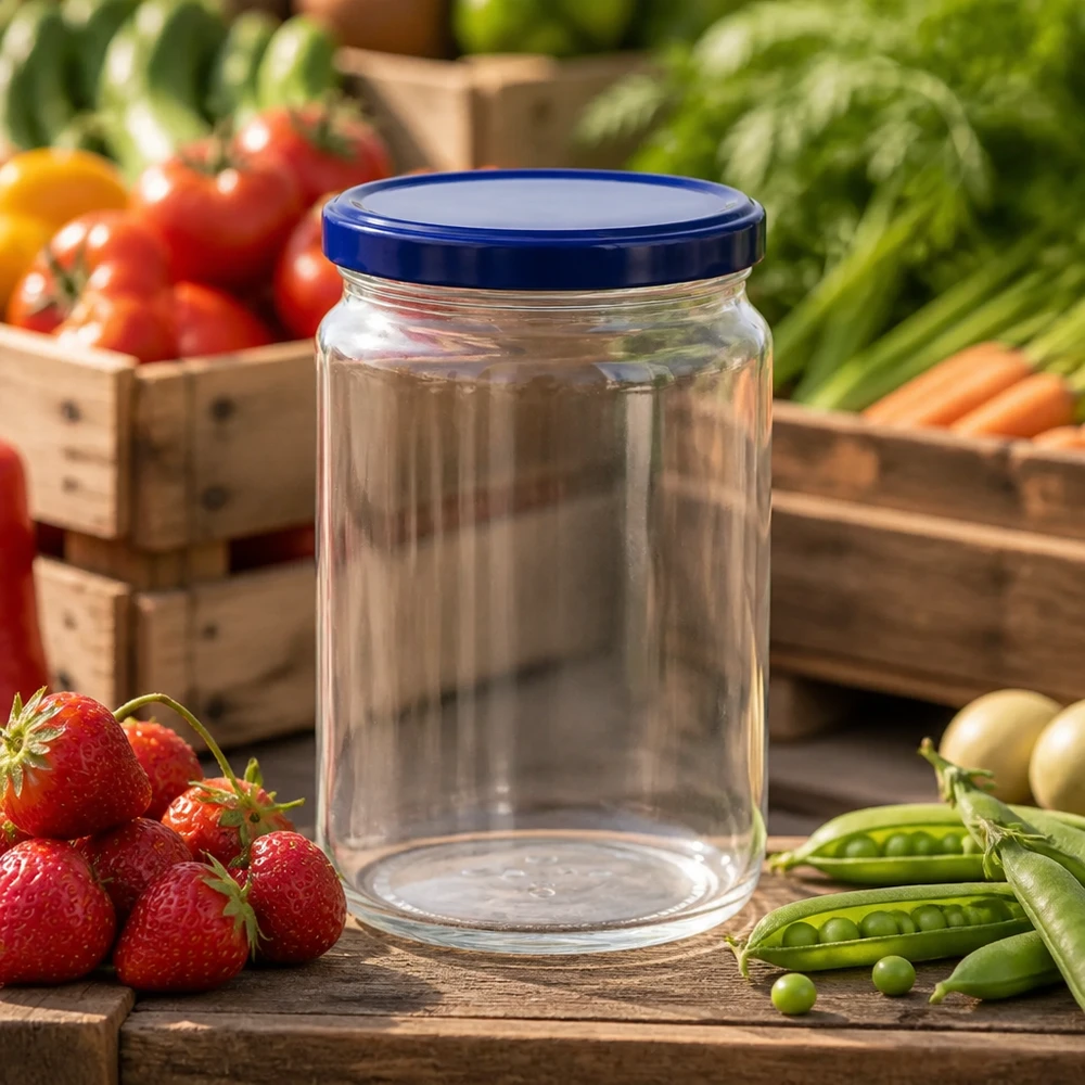 795ml Verre rond avec couvercle BasicSeal bleu UNiTWIST Bocal rond de 795 ml avec couvercle bleu BasicSeal UNiTWIST entouré de fruits et légumes frais sur une table en bois