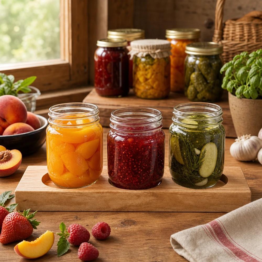 Plateau de service Plano3 pour 3 bocaux WECK Planche de service Plano3 en bambou avec trois bocaux WECK remplis - confiture, pickles et pêches dans une cuisine rustique